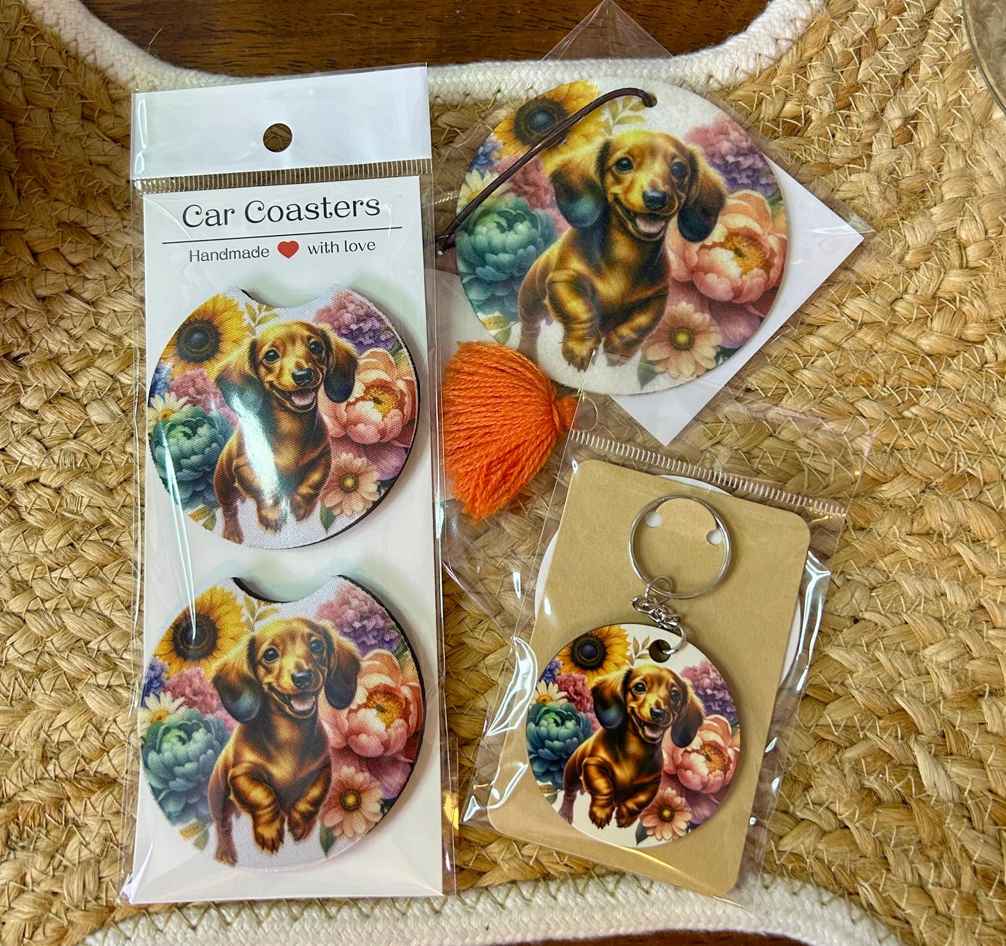 Car bundle (Car coasters, Air freshener & Keychain)